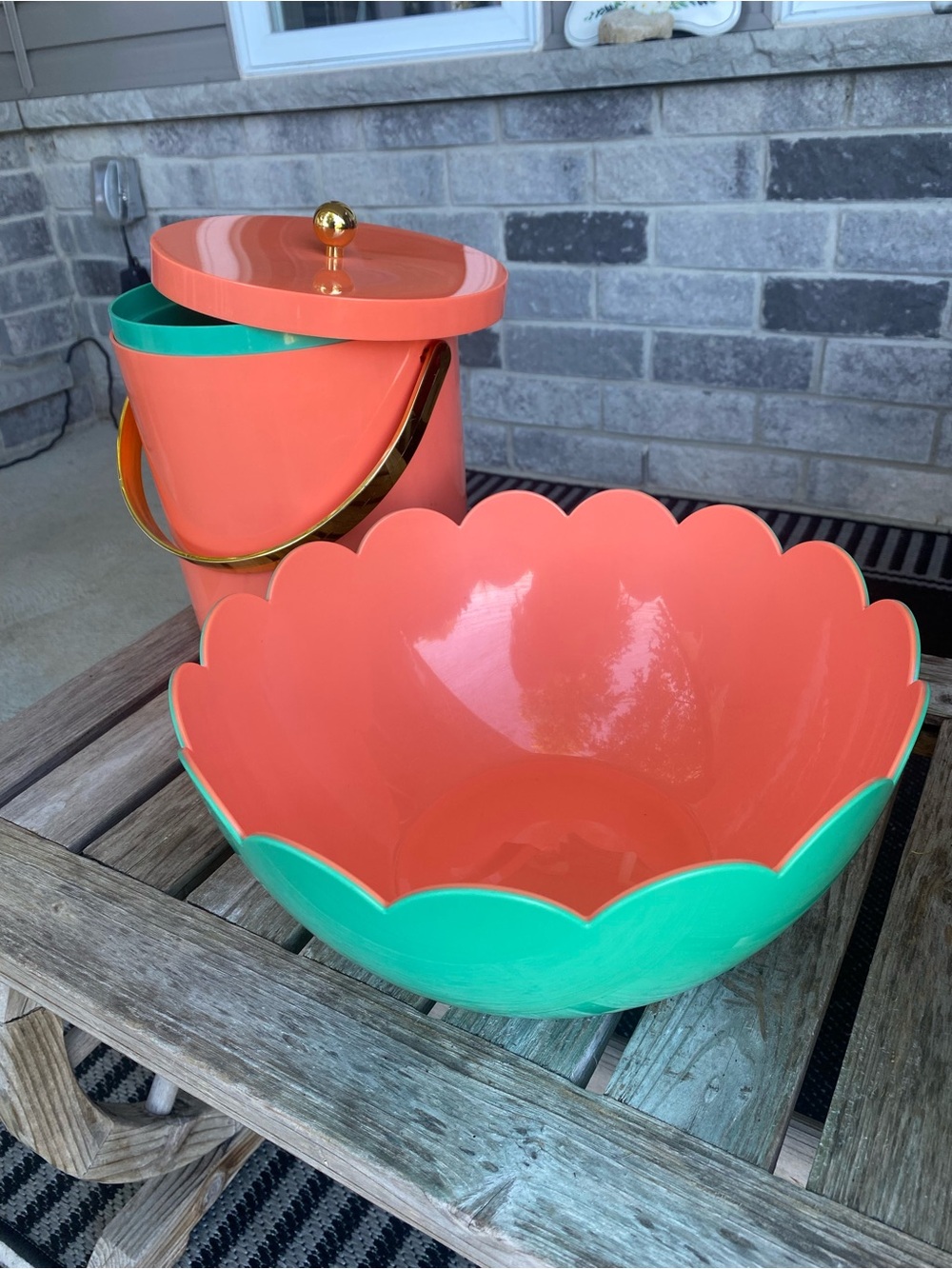 Coral and Teal Scalloped Serving Bowl and Lidded Ice Bucket Set